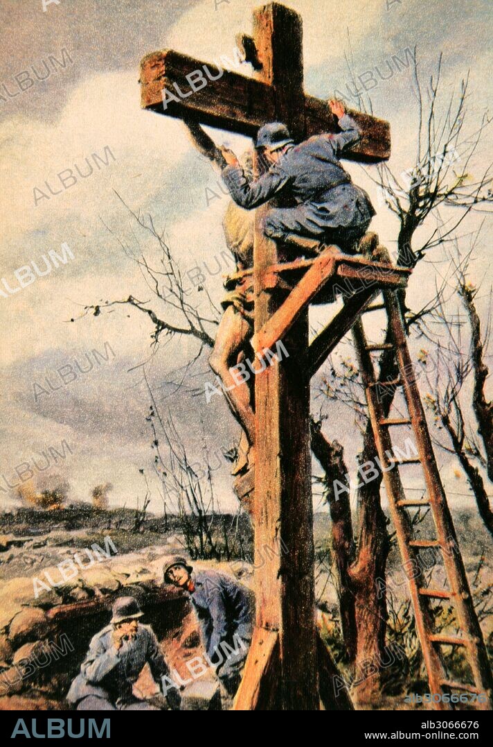 I World War (1914-1918). The sacrileges of the Huns. How the Germans had hidden an observation post behind a large cross, knowing that the enemy would respect the symbol of Christianity. Illustration by Achille Beltrame (1871-1945). La Domenica del Corriere, 1918.