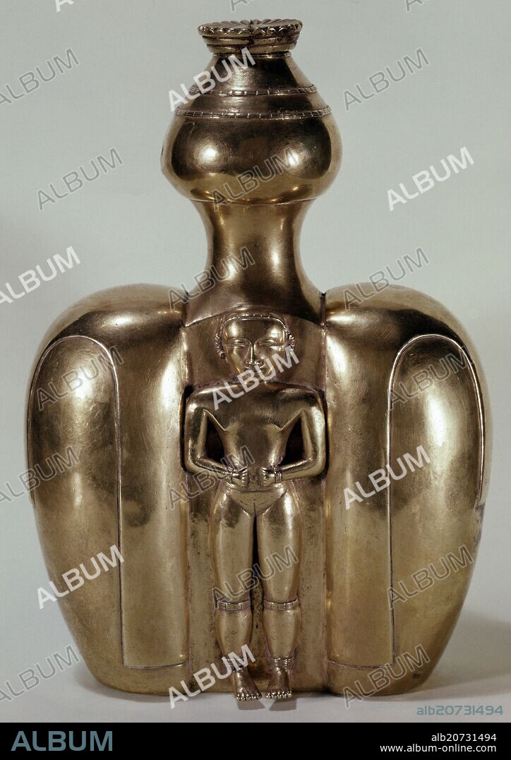 TESORO DE LOS QUIMBAYAS - VASIJA DE ORO CON FIGURA FEMENINA - COLOMBIA - 200-1000 DC.