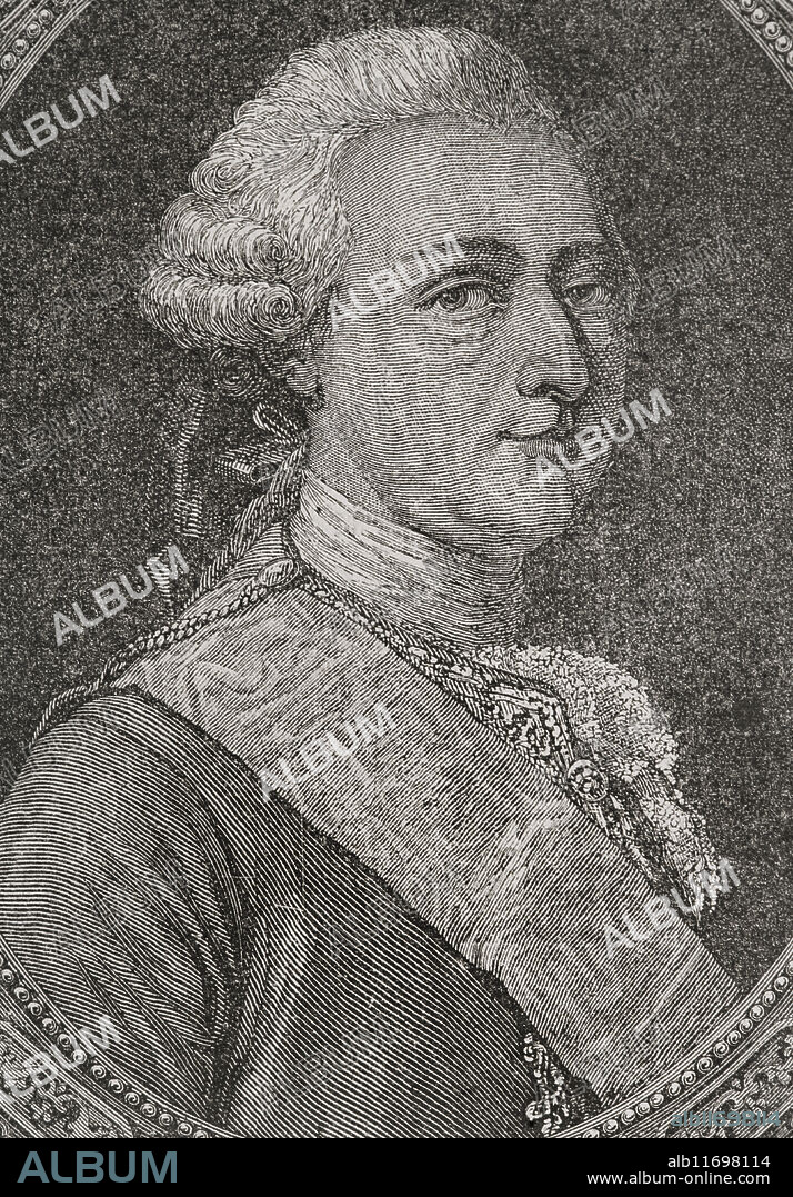 Luis V José de Borbón-Condé (Louis Joseph de Bourbon) (1736-1818). Príncipe de Condé (1740-1818). Retrato. Grabado. "Historia de la Revolución Francesa. Tomo I, 1876.
