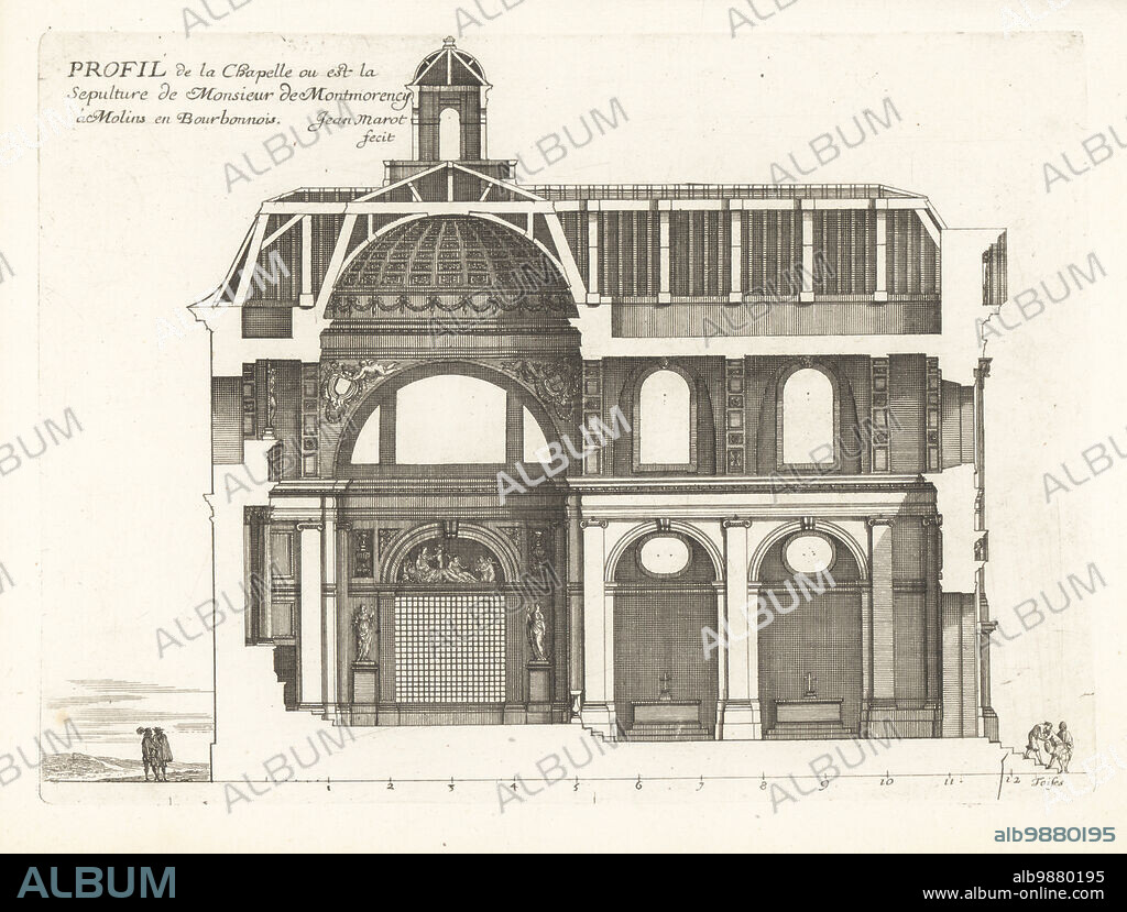 Section of the interior of the Chapelle de la Visitation, Chapelle Saint-Joseph, showing the tomb of Henri II, Duke de Montmorency, Moulins, Bourbonnais. Built in the classical style by Marie-Felicie des Ursins for her late husband. Profil de la Chapelle ou est le Sepulture de Monsieur de Montmorency a Molins en Bourbonnois. Copperplate engraving drawn and engraved by Jean Marot from his Recueil des Plans, Profils et Elevations de Plusieurs Palais, Chasteaux, Eglises, Sepultures, Grotes et Hotels, Collection of Plans, Profiles and Elevations of Palaces, Castles, Churches, Tombs, Grottos and Hotels, chez Mariette, Paris, 1655.