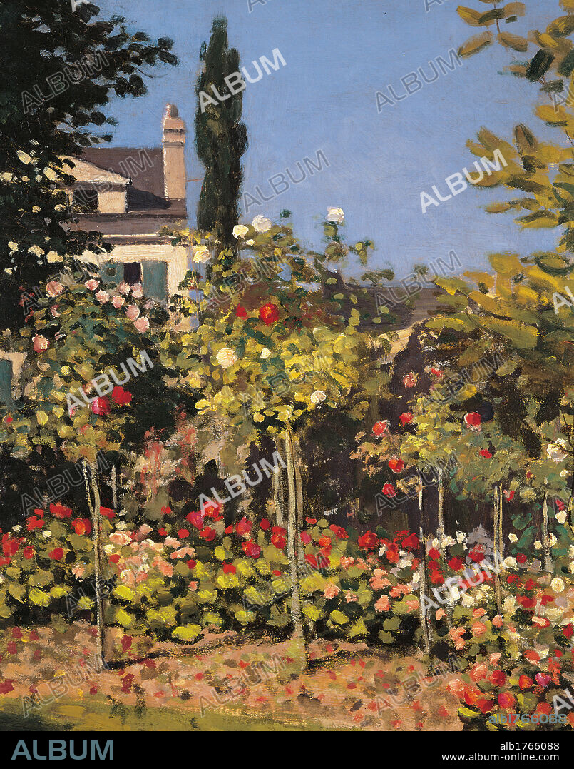 Garden at Sainte Adresse, by Claude Monet, 1866, 19th Century, oil on canvas, cm 65 x 54. France, Ile de France, Paris, Muse dOrsay. Detail. Garden Sainte Adresse tree house plants roses red white light blue azure green.