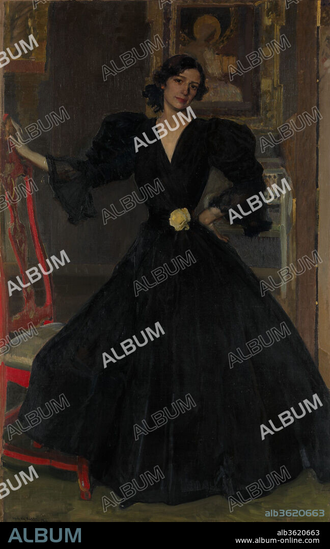 JOAQUIN SOROLLA Y BASTIDA. Señora de Sorolla (Clotilde García del Castillo, 1865-1929) in Black. Artist: Joaquín Sorolla y Bastida (Spanish, Valencia 1863-1923 Cercedilla). Dimensions: 73 1/2 x 46 3/4 in. (186.7 x 118.7 cm). Date: 1906.
Sorolla's wife Clotilde was his confidant, traveling companion, bookkeeper (or in his words, "my Treasury Minister"), and muse. In this portrait, set in their Madrid home, she poses as a Spanish beauty wearing a striking evening dress. Behind her is Sorolla's painting of a female saint, made during the first months of their marriage in 1888. At far right the artist depicted the edge of another canvas--a conceit recalling the work of seventeenth-century master and fellow countryman Velázquez. The present picture hung prominently in Sorolla's wildly successful 1909 exhibition at the Hispanic Society of America in New York, where the Metropolitan immediately acquired it.