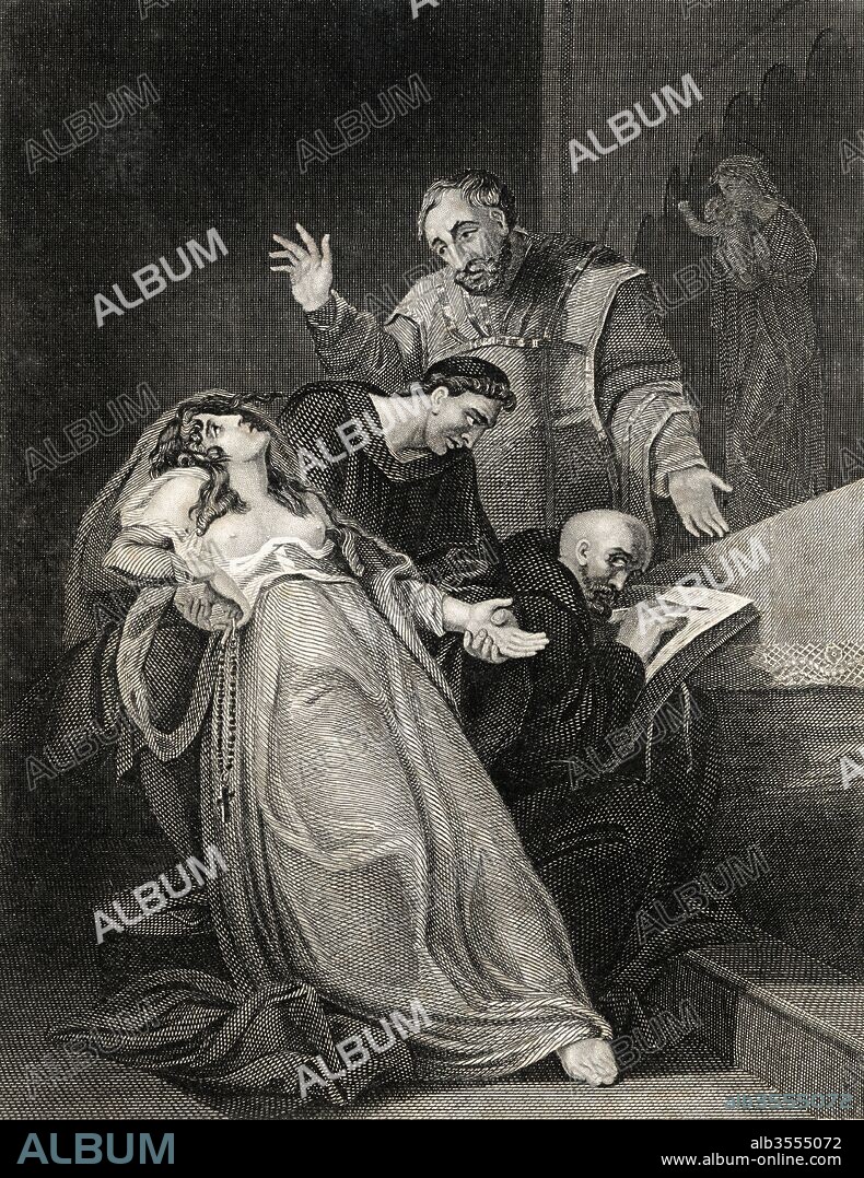 Inglaterra. La monja católica Elizabeth Barton (1506-1534), conocida como la doncella de Kent,  ejecutada por sus profecías contra el matrimonio del rey Enrique VIII y Ana Bolena. Grabado de 1864.