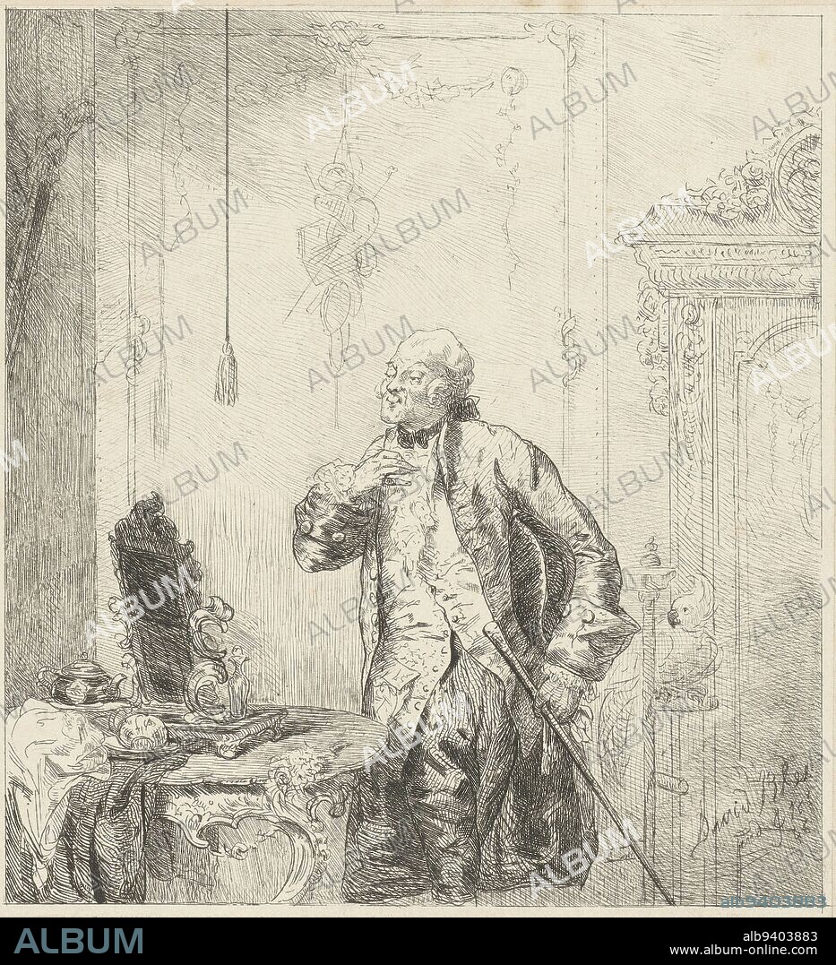 Idle man, David Bles, 1846, A gentleman in eighteenth-century clothing looks at his reflection with pleasure. Behind him a parrot on a stick., print maker: David Bles, (mentioned on object), The Hague, 1846, paper, h 212 mm × w 163 mm.