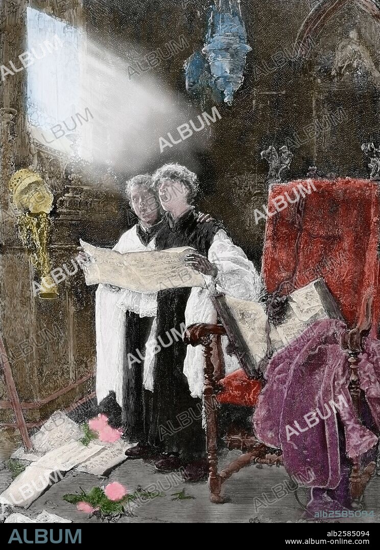 Spain. Altar server singing. Essay. Engraving by Perez. Painting by Arcadio Mas y Fondevilla. La Ilustracion Espanola y Americana. 1886. Colored.