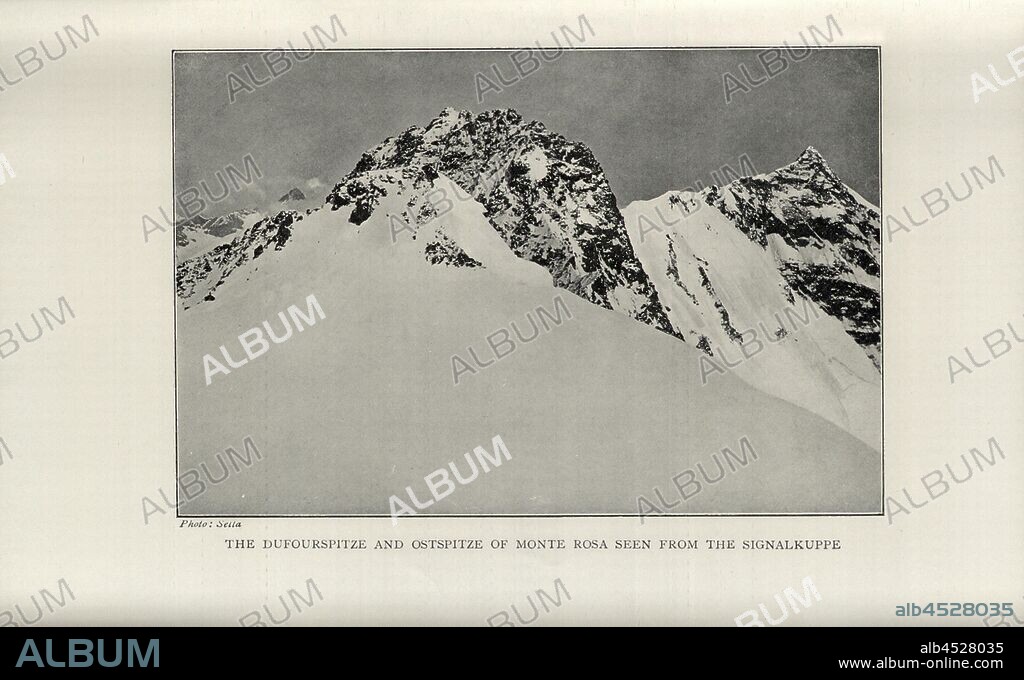 The Dufourspitze and Ostspitze of Monte Rosa seen from the Signalkuppe, Dufourspitze and eastern tip of Monte Rosa in the Valais Alps, signed: Photo: Sella, Fig. 13, p. 223, Sella, Vittorio (Photo), William Augustus Brevoort Coolidge: Alpine studies. London: Longmans, Green and Co., 1912.