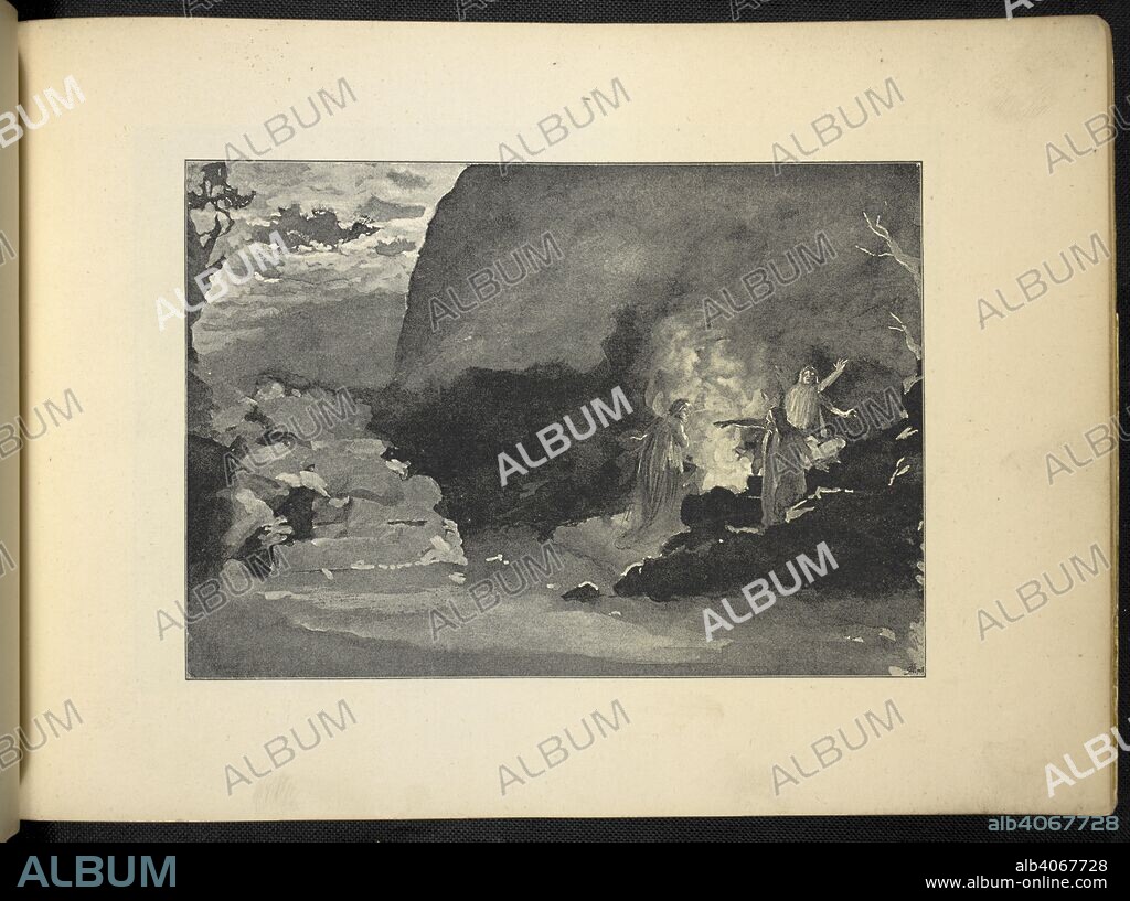 WILLIAM SHAKESPEARE. The three witches around a cauldron in a dark cavern, chanting spells. Souvenir of Macbeth, produced at the Lyceum Theatre, by Henry Irving, 29th December, 1888. London : Cassell & Co., [1889]. Source: 11766.f.27, plate 15. Language: English.