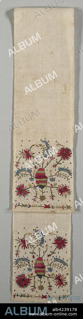 Embroidered Sash ("Uckur"), 19th century. Turkey or Greece, Sporades Islands, Skyros ?, 19th century. Embroidery: silk thread and brass strip hooked through and pressed flat on linen tabby ground; average: 158.8 x 20.4 cm (62 1/2 x 8 1/16 in.).