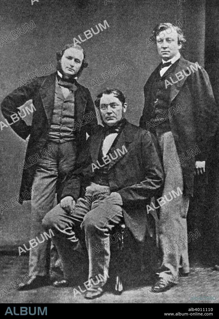 Gustav Kirchhoff, Robert Bunsen and Henry Roscoe, scientists, c1860. Left to right: Gustav Robert Kirchhoff (1824-1887), German physicist; Robert Wilhelm Eberhard von Bunsen (1811-1899), German physicist and chemist; Henry Enfield Roscoe (1833-1915), English chemist. From History of Chemistry by Edward Thorpe. (London, 1910). Kirchhoff and Bunsen's collaboration on spectrum analysis led, in 1859, to the discovery of caesium and rubidium. Roscoe was also a collaborator and friend of Bunsen, the two notably working together on comparative photochemistry.