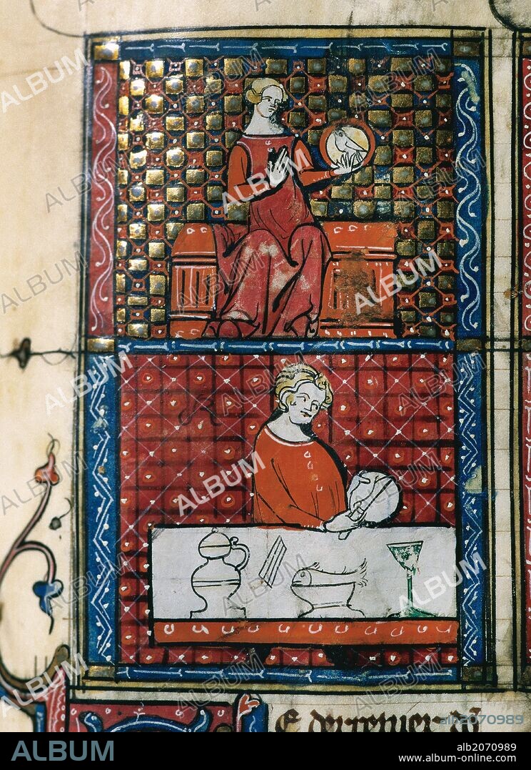 ARTE GOTICO. FRANCIA. SIGLO XIII. "DOCTRINE CHRETIENNE", miniatura en oro y colores. Hay dos escenas, la primera es una DAMA SENTADA CON PALOMA. La segunda, un HOMBRE CORTANDO PAN ANTE UNA MESA. Folio 102. Biblioteca Universidad de Valencia. España.