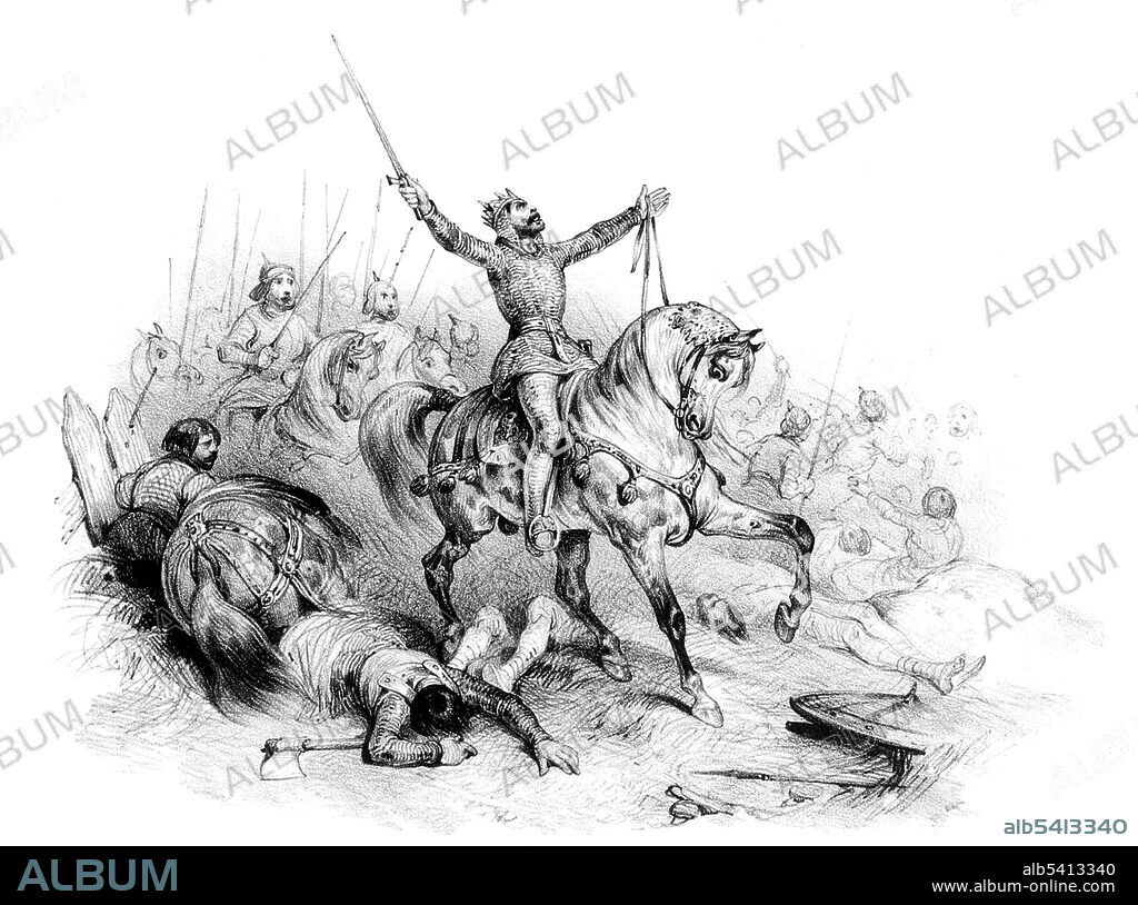 The Battle of Tolbiac was fought between the Franks, who were fighting under Clovis I, and the Alamanni, whose leader is not known. Clovis saw his warriors being killed and felt the battle was getting out of hand. Clovis is said to have attributed his success to a vow that he had made: if he won, he would convert to the religion of the Christian God who had aided him. He became a Christian in a ceremony at Reims on Christmas 496. The traditional date of the battle of Tolbiac has been established to accord with this firmly attested baptismal date. Jean-Victor Adam, 1841 (cropped and cleaned).