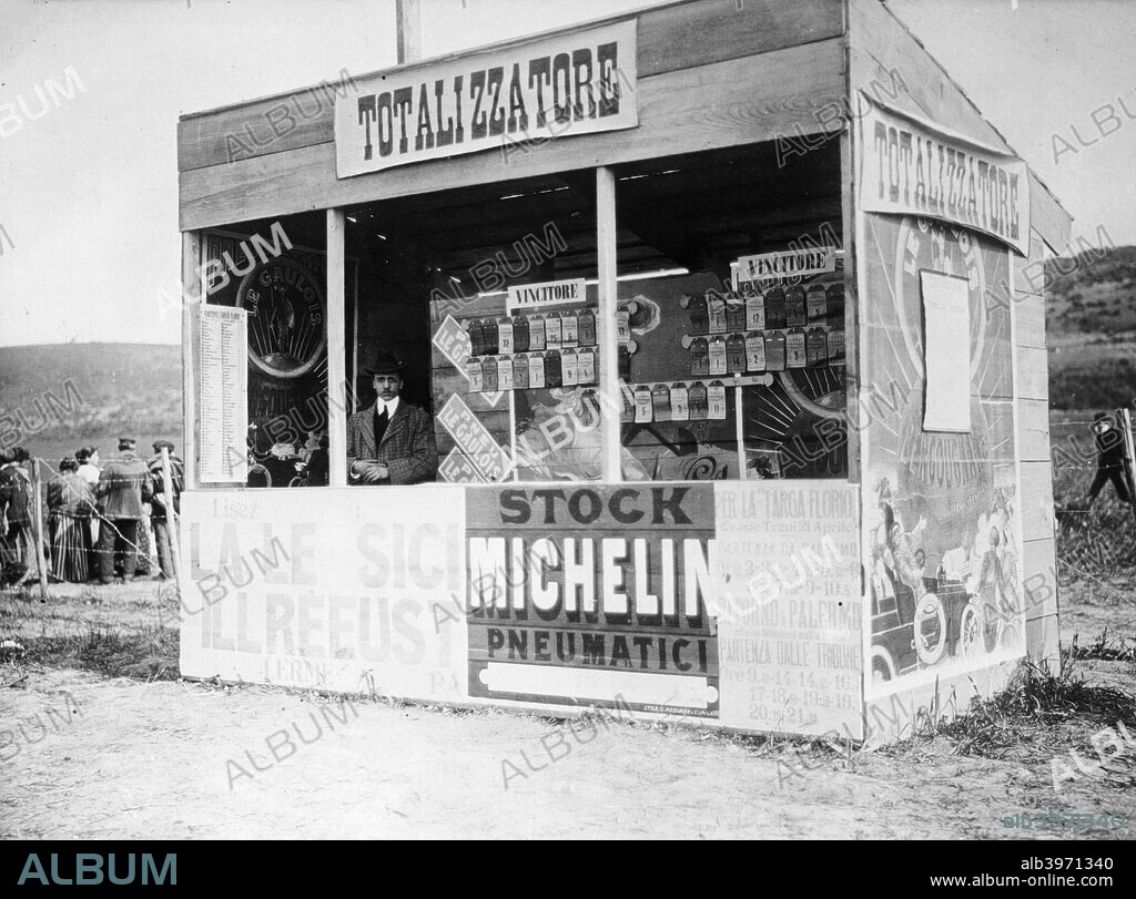 The Tote stand, Targa Florio race, Sicily, 1907. A stand for placing bets on the drivers.