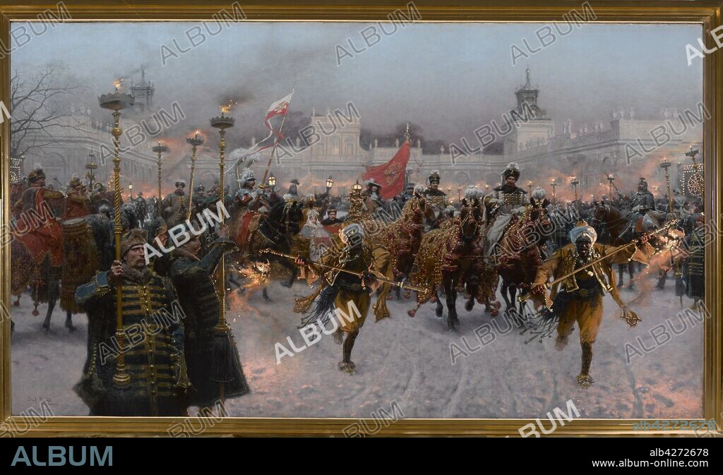 JOZEF BRANDT. Departure from Wilanów of John III Sobieski and Marysienka.