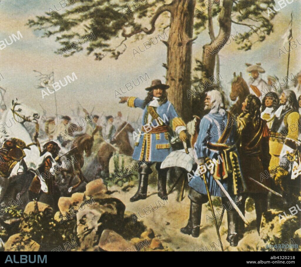 The Great Elector's commanders before the Battle of Fehrbellin, 28 June 1675, (1936). 'Befehlsausgabe Des Grossen Kurfürsten Vor Der Schlacht Bei Fehrbellin, 28 Juni 1675'. The Battle of Fehrbellin was fought near the town of Fehrbellin (in Germany), between the Swedish led by Count Waldemar von Wrangel, and Brandenburg-Prussian troops under Frederick William, the Great Elector (1620-1688). From "Bilder Deutscher Geschichte", (Pictures of German History), No.12, cigarette card album. [Cigaretten-Bilderdienst, Altona-Bahrenfeld, Hamburg, Germany, 1936].