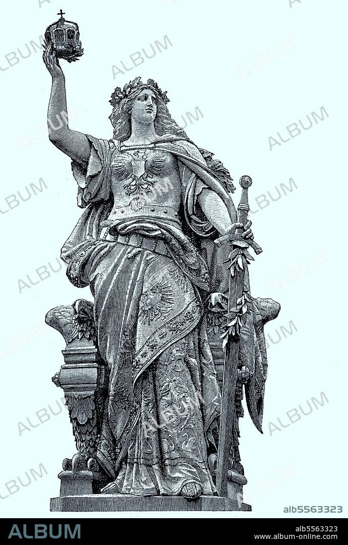The Niederwalddenkmal is a monument in the Niederwald near Rüdesheim on the Rhine in Hesse, the central figure the 10, 5 metre high Germania figure, the right hand holding the found imperial crown and left hand the imperial sword, digital improved reproduction of an original print from 1880, Germany