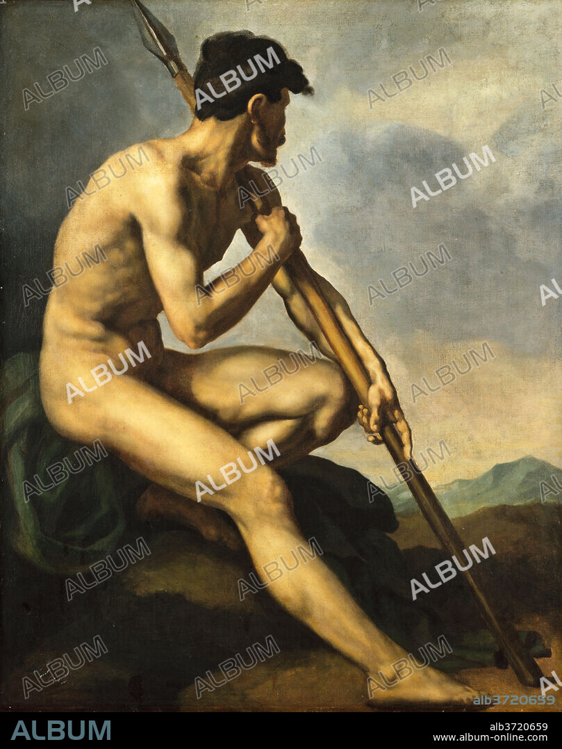 THéODORE GéRICAULT. Nude Warrior with a Spear. Dated: c. 1816. Dimensions: overall: 93.6 x 75.5 cm (36 7/8 x 29 3/4 in.)  framed: 118.4 x 101.6 cm (46 5/8 x 40 in.). Medium: oil on canvas.