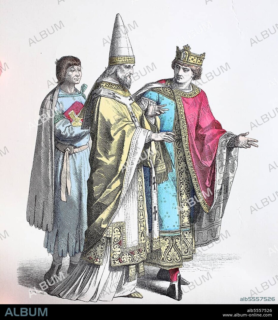 Folk traditional costume, clothing, history of costumes, servant, Roman pope, king, Italy, 12th century, digitally restored reproduction of a 19th century original, exact date unknown