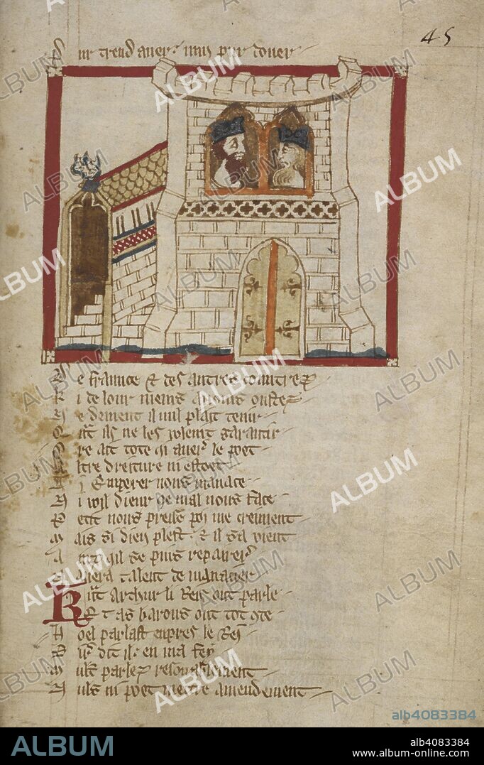 CANON OF BAYEUX WACE. Arthur and Hoel discussing plans in a tower. . ROMANCES in French verse ... 14th century. Source: Egerton 3028 f.45.