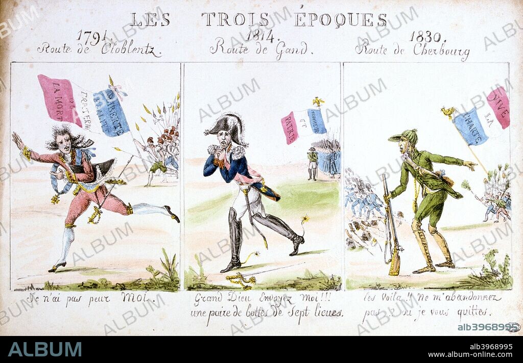 'Les Trois Epoques', Revolution of 1830, Paris. Caricature showing Louis XVI, Napoleon and Charles X fleeing the wrath of the Paris mob in 1791, 1814 and 1830 respectively.