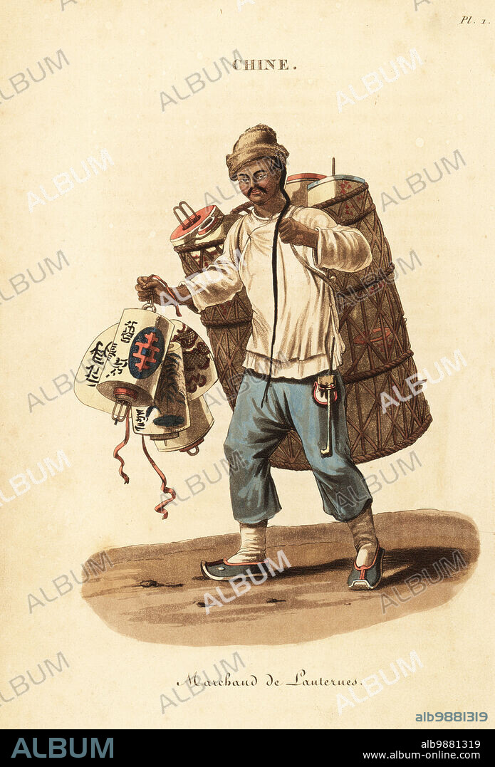 Itinerant seller of paper lanterns, China, 18th century. He holds lanterns painted with Chinese characters and a large straw basket of stock on his back. Vendor of lanterns. Marchand des lanternes. Handcoloured copperplate engraving after William Alexander from J-B. Eyries La Chine: Costumes, Moeurs et Usages des Chinois, China: Costumes, Manners and Mores of the Chinese, Librairie de Gide Fils, Paris, 1822. Jean-Baptiste Eyries (1767-1846) was a French geographer, author and translator.
