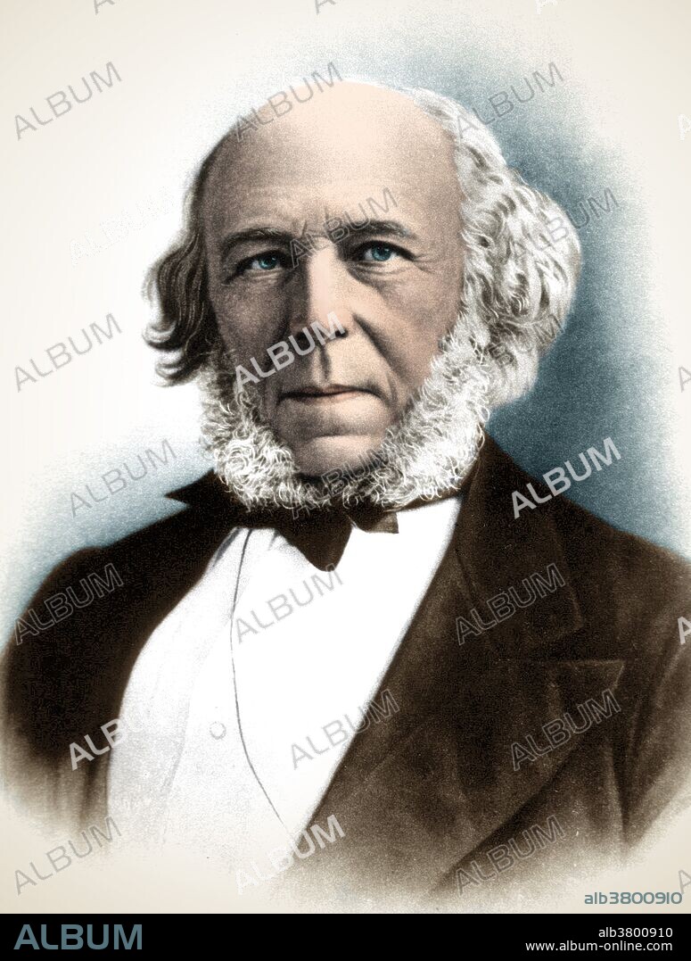 Herbert Spencer (April 27, 1820 - December 8, 1903) was an English philosopher, biologist, sociologist, and prominent classical liberal political theorist of the Victorian era. Spencer developed an all-embracing conception of evolution as the progressive development of the physical world, biological organisms, the human mind, and human culture and societies. He contributed to a wide range of subjects, including ethics, religion, anthropology, economics, political theory, philosophy, biology, sociology, and psychology. Spencer is best known for coining the concept "survival of the fittest". He died in 1903 at the age of 83. This image has been color-enhanced.