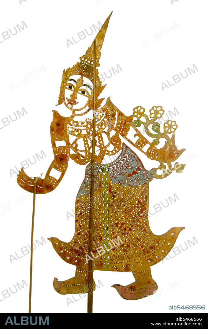 Nang talung' is the shadow puppet theatre popular in southern Thailand. It is an art form said to have originated as early as 400 BC in Southeast Asia. Performances usually last well into the night and remain an essential if diminishing part of village life in Thailand's Deep South. Nang means animal hide, from which the figures are cut. Talung refers to Phatthalung, a town in southern Thailand where the art form is said to have originated.  It is the task of a single skilled person, the 'nai nag' or puppet master, to create the whole show. Sitting behind an illuminated screen, he maneuvers up to six puppets per scene. The changing tone of the puppeteers voice differentiates between the characters, while a band of musicians adds tension to the story. While the more formal 'nang yai' is based on the Hindu epic the Ramayana known as the Ramakien in Thai 'nang talung' takes its inspiration from everyday life.