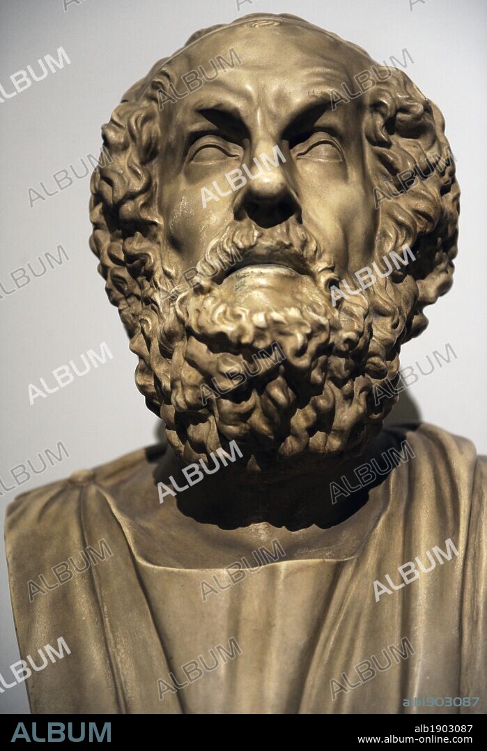 HOMERO (S. VIII a. C.). Nombre dado al poeta griego que tradicionalmente se le atribuye las poesías épicas griegas de La Ilíada y La Odisea. Busto. Copia moderna de un original helenístico fechado entre el 200-150 a. C. Museo de Pérgamo (Islas de los Museos). Berlín. Alemania. Europa.