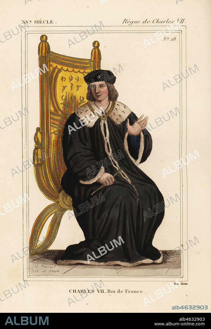 King Charles VII of France, the Victorious, le Victorieux, 1403-1461. He wears a black robe and sits on a gold chair. Handcoloured lithograph by Leopold Massard after a miniature in the manuscript Chroniques de Monstrelet in Roger de Gaignieres' portfolio VI 1 from Le Bibliophile Jacob aka Paul Lacroix's Costumes Historiques de la France (Historical Costumes of France), Administration de Librairie, Paris, 1852.