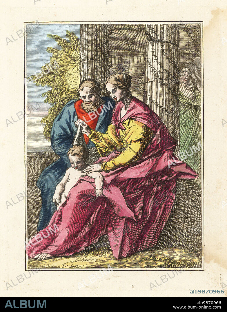 The Virgin Mary and Joseph holding the infant Jesus. The Holy Family sitting on a terrace in front of fluted pillars. A statue of a veiled female figure in a niche behind them. Handcoloured copperplate engraving by George Bickham the Younger after Sir Godfrey Kneller from Robert Sayers The Artists Vade Mecum, Being the Whole Art of Drawing, London, 1766.