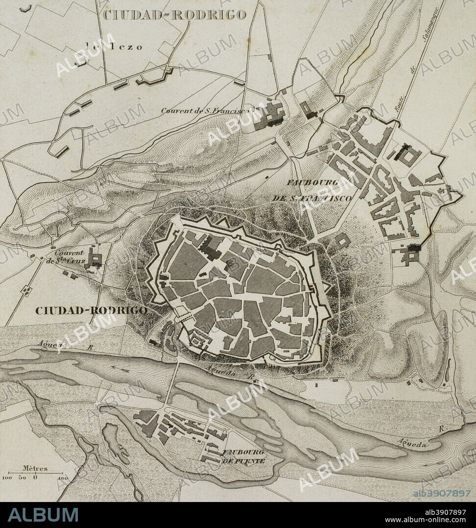 Plano de la localidad de Ciudad Rodrigo (España). Durante la Guerra de Independencia Española se vivió el sitio de Ciudad Rodrigo, 1810, con conquista y victoria de las tropas francesas. Historia del Consulado y del Imperio de Napoleón (Atlas de l'Histoire du Consulat et de l'Empire). Obra de Marie Joseph Louis Adolphe Thiers (1797-1877). Dibujos realizados por Dufour y grabados por Dyonnet. Editado en París, 1864. Biblioteca Histórico Militar de Barcelona. Cataluña, España.