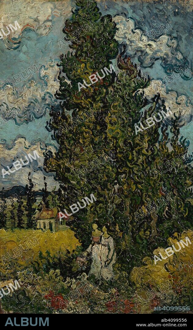 VINCENT VAN GOGH. Cypresses and Two Women. Date: February 1890, Saint-Rémy-de-Provence. Dimensions: 43.5 cm x 27.2 cm, 62 cm x 46 cm.