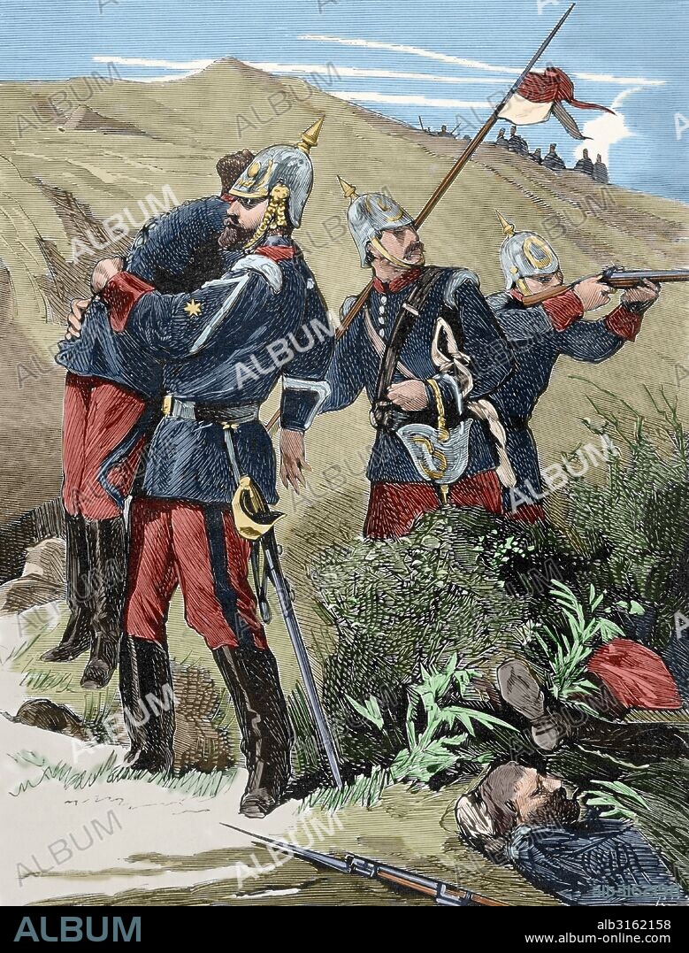 TERCERA GUERRA CARLISTA (1872-1876). "Acción de Treviño: El Alférez Valdés recoge el cadáver del capitán de lanceros del rey D. Enrique Torres. Croquis del capitán de húsares de Pavia D. Gumersindo V. Sierra. Grabado por Rico. La Ilustración Española y Americana, 1875. Coloreado.