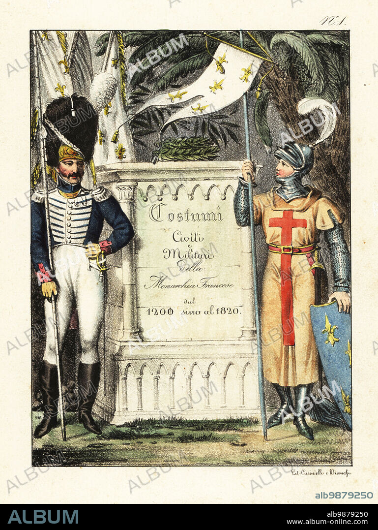 Frontispiece with calligraphic title on stone and figures of a 13th century French crusader knight and Napoleonic era infantry soldier. Crusader in helm, chainmail, tunic, with pennant and shield. Guardsman in bearskin, coat, breeches, boots, with lance. Handcoloured lithograph by Lorenzo Bianchi and Domenico Cuciniello after Hippolyte Lecomte from Costumi civili e militari della monarchia francese dal 1200 al 1820, Naples, 1825. Italian edition of Lecomtes Civilian and military costumes of the French monarchy from 1200 to 1820.