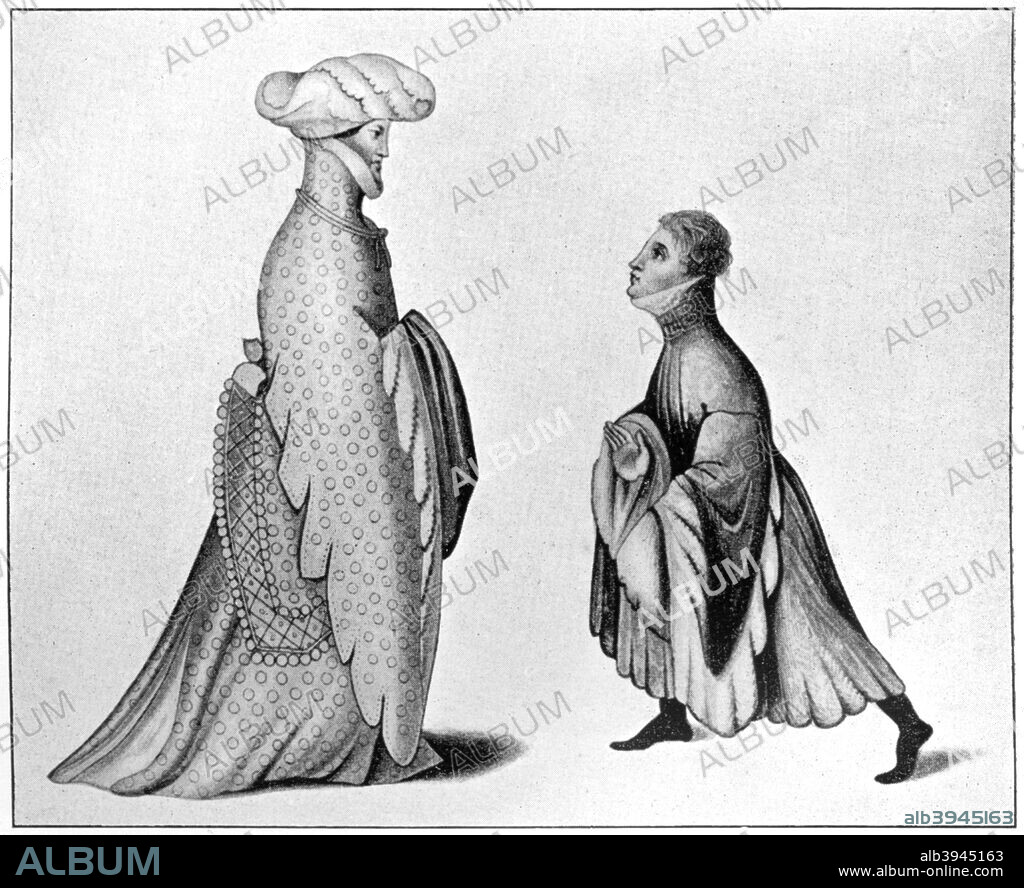Examples of the houppelande, 14th century, (1910). Types of houppelande (voluminous robe), from the late reign of Richard II (ruled 1377-1399). The figure on the left wears a houppelande with high collar, fur edging round the face, and richly dagged sleeves. Illustration from British Costume during 19 Centuries by Mrs Charles H Ashdown, (London, 1910).