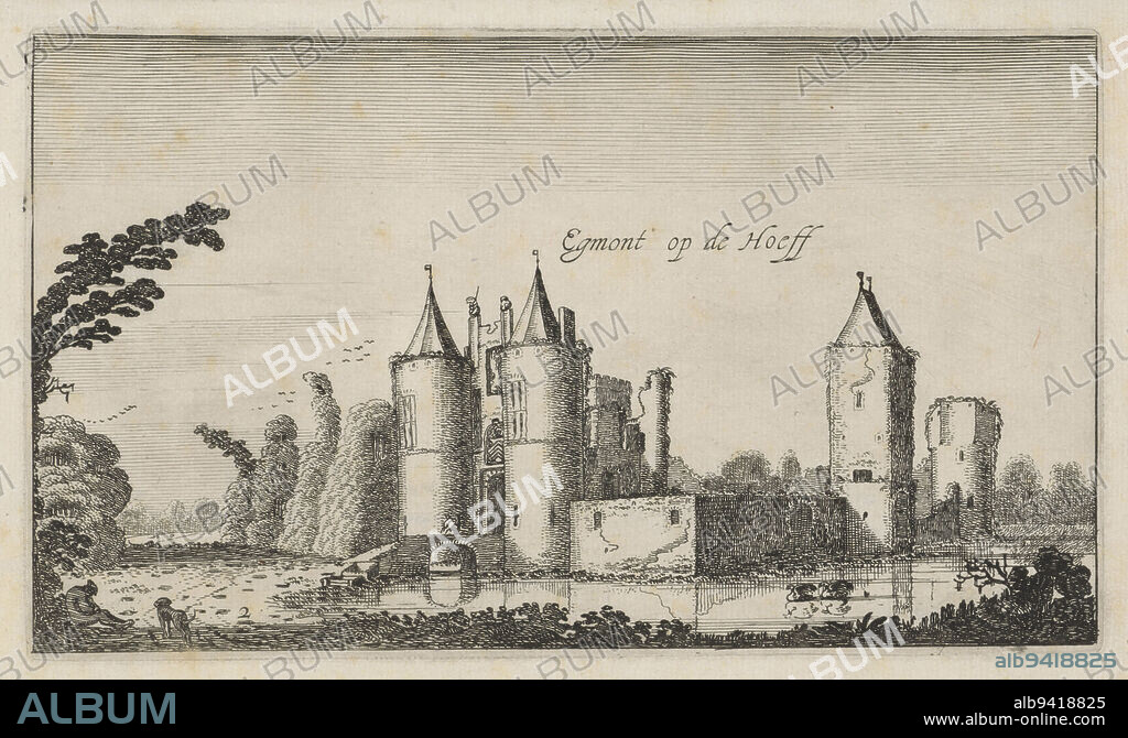 Ruins of Egmond Castle, with gate still standing, in foreground left a man with a dog. Second print in a series of six, View of the ruins of Egmond castle Egmont op de Hoeff Castles (series title), print maker: Jan van de Velde (II), publisher: Robert de Baudous, Northern Netherlands, 1616, paper, etching, h 130 mm × w 222 mm.