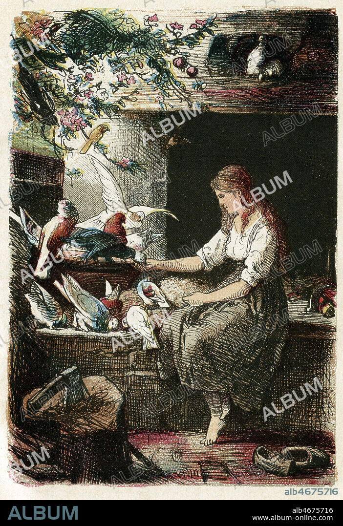 Cendrillon, conte de Grimm. Des oiseaux viennent aider Cendrillon, sa maratre l'a charge de trier un plat de lentilles et de haricots. Gravure allemande 1883. Credit Collection Kharbine Tapabor.