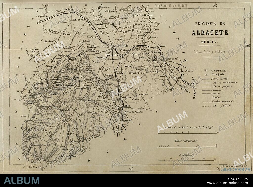 Mapa de la provincia de Albacete. Crónica General de España, Historia Ilustrada y Descriptiva de sus Provincias. Región de Murcia, 1870. Biblioteca Histórico Militar de Barcelona. Cataluña, España.
