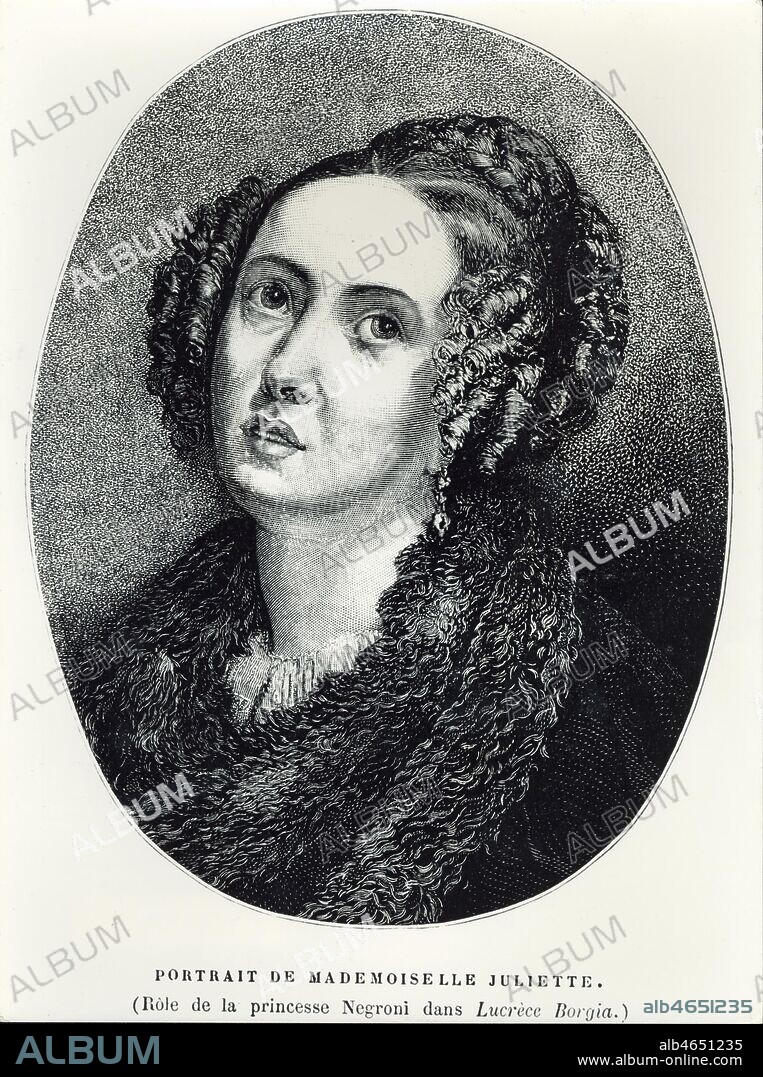 'Portrait de mademoiselle Juliette - Role de la princesse Negroni dans Lucrece Borgia' piece de Victor HUGO (1802-1885). Gravure anonyme de 1833 . Juliette DROUET (1806-1883) devient la maitresse de Victor HUGO suite a cette piece de theatre. Credit : Collection Kharbine-Tapabor.
