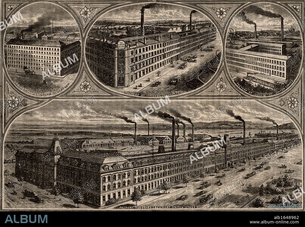 Factories of the Singer Sewing Machine Company. Top left: Cabinet works at Govan, Glasgow, Scotland. Centre top: Factory at Glasgow, Scotland. Top right: Factory at South Bend, Indiana, USA. Bottom: Factory at Elizabethport, New Jersey, USA. From "Great Industries of Great Britain (London, c1880). (Photo by: Universal History Archive/UIG via Getty Images).