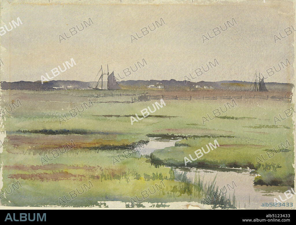 Marsh Landscape with Boats, Transparent watercolor and red chalk, Overall: 25.1 × 35.6 cm (9 7/8 × 14in.), Made in United States, American, 19th century, Works on Paper - Drawings and Watercolors.