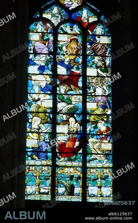 Étampes (Dép.Essonne, Ilede-France, Frankreich), Kirche / Église Notre-Damedu-Fort, Nordwand des Chores, Glasfenster.-Der Baum der Sibyllen.-Glasmalerei, französisch, um 1550/60, restauriert und ergänzt 1883. Foto, undatiert.