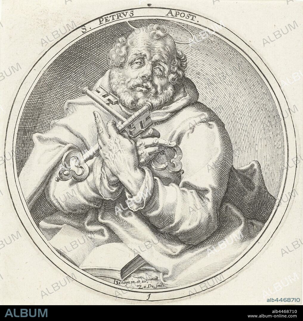 Saint Peter Christ, the apostles and Saint Paul (series title), the apostle Peter, first bishop of Rome, possible attributes: book, cock, (upturned) cross, (triple) crozier, fish, key, scroll, ship, tiara, Zacharias Dolendo (mentioned on object), Leiden, c. 1596, paper, engraving, d 150 mm.