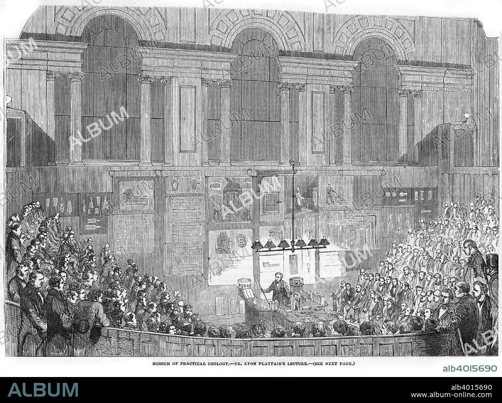 Lyon Playfair, Scottish chemist and politician, lecturing, 1852. Playfair (1818-1898) lecturing at the Museum of  Practical Geology, London, to students of the Mechanics Institution who had matriculated. Playfair studied chemistry at Glasgow under Thomas Graham, and under Liebig at Giessen. Professor of chemistry at Edinburgh University from 1858-1896, he discovered the nitroprusside class of salts. Playfair was appointed chemist to the Geological Survey in 1846 and was elected a Fellow of the Royal Society 1848. He was engaged in the organisation of the Great Exhibition of 1851. Liberal MP for the universities of Glasgow and Edinburgh from 1868-1885, Playfair served as Secretary of State for Science and Art in 1855 and was Deputy Speaker of the House of Commons from 1880-1883. He was knighted in 1883 and was created a Baron in 1892. From The Illustrated London News.  (London, 21 February 1852).