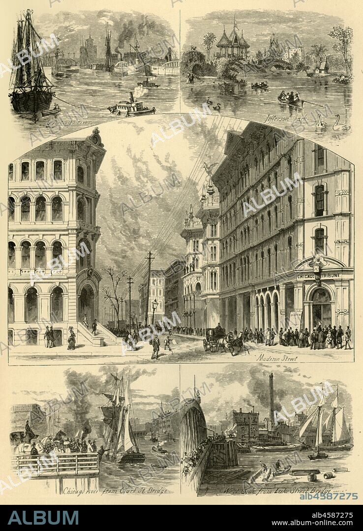JOHN J. HARLEY. 'Scenes in Chicago', 1874. 'Chicago River; Jefferson Park; Madison Street; Chicago river from Clark Street Bridge; West Side from Lake Street Bridge', Illinois, USA. The offices of the 'Chicago Tribune' newspaper can be seen on the corner of Madison Street. From "Picturesque America; or, The Land We Live In, A Delineation by Pen and Pencil of the Mountains, Rivers, Lakes...with Illustrations on Steel and Wood by Eminent American Artists" Vol. II, edited by William Cullen Bryant. [D. Appleton and Company, New York, 1874].