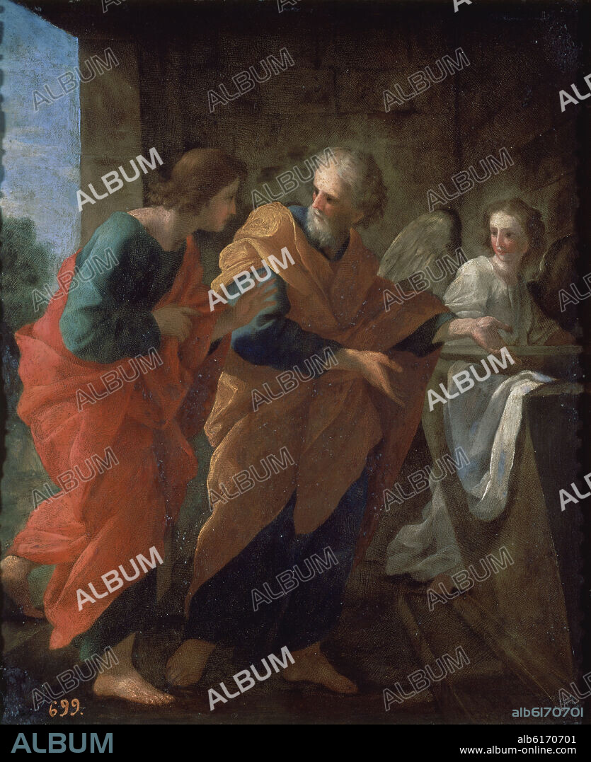 GIOVANNI FRANCESCO ROMANELLI. SAN PEDRO Y SAN JUAN EN EL SEPULCRO DE CRISTO - SIGLO XVII - OLEO/COBRE - 47 x 39 cm - NP 229 - ESCUELA ITALIANA.