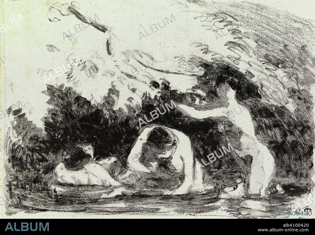 CAMILLE PISSARRO. Women Bathing in the Shadow of a Wooded Riverbank (Baigneuses à l'ombre des berges boisées). Dimensions: 40.7 cm x 59 cm, 15.5 cm x 21.8 cm.