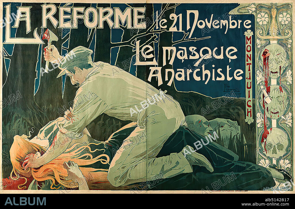 Henri Privat-Livemont, Trommer & Staeves, La Réforme - Le masque Anarchiste, Montjuich, paper, lithography, total: height: 107 cm; width: 159,5 cm, signed and dated: middle right: Private Livemont Bruxelles 1897, product and business advertising (posters), art/culture (posters), death by accident, murder, suicide, art nouveau.