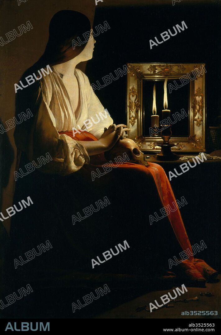 The Penitent Magdalen, ca. 1640, Oil on canvas, 52 1/2 x 40 1/4 in. (133.4 x 102.2 cm), Paintings, Georges de La Tour (French, Vic-sur-Seille 1593–1653 Lunéville), A sinner, perhaps a courtesan, Mary Magdalen was a witness of Christ who renounced the pleasures of the flesh for a life of penance and contemplation. She is shown with a mirror, symbol of vanity; a skull, emblem of mortality; and a candle that probably stands for her spiritual enlightenment.