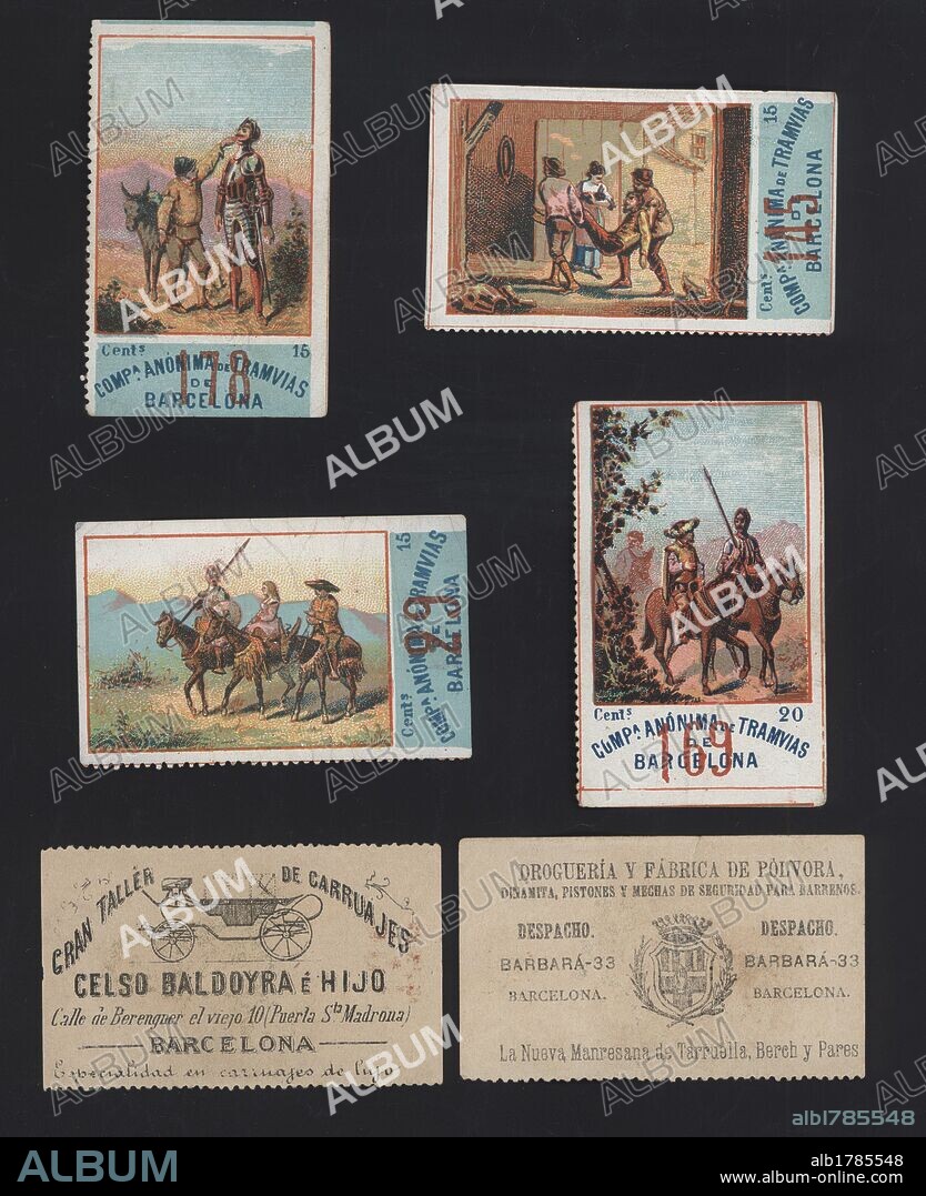 Varios billetes de la COMPAÑÍA ANONIMA DE TRANVIAS DE BARCELONA, con dibujos del Quijote. Publicidad al dorso. Años 1880.