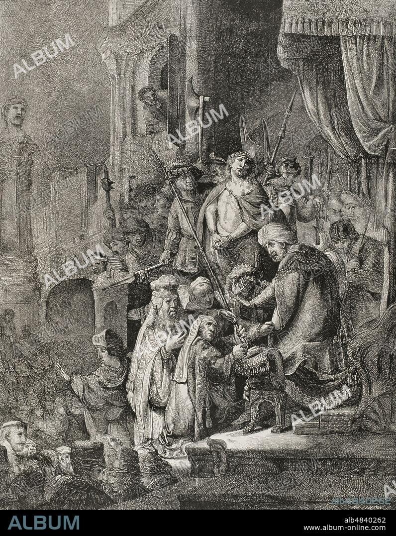 New Testament. Jesus Christ before Pontius Pilate. Facsimile of an etching by P. Rembrandt. La Ilustración Española y Americana, 1878.